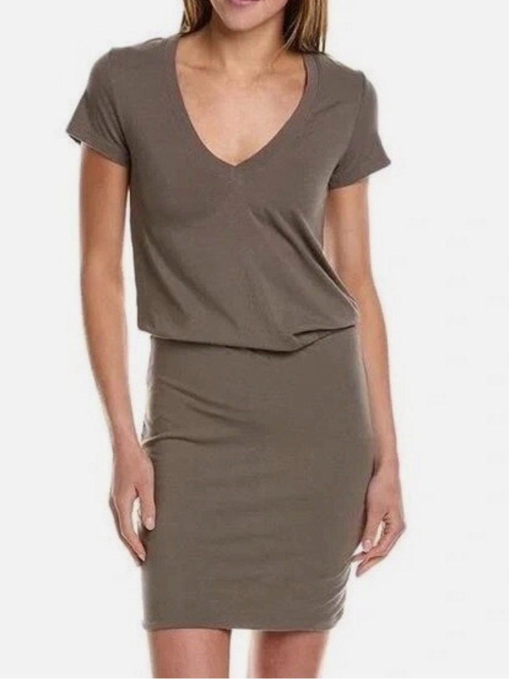 James Perse Taupe V-Neck Short Sleeve Midi Dress